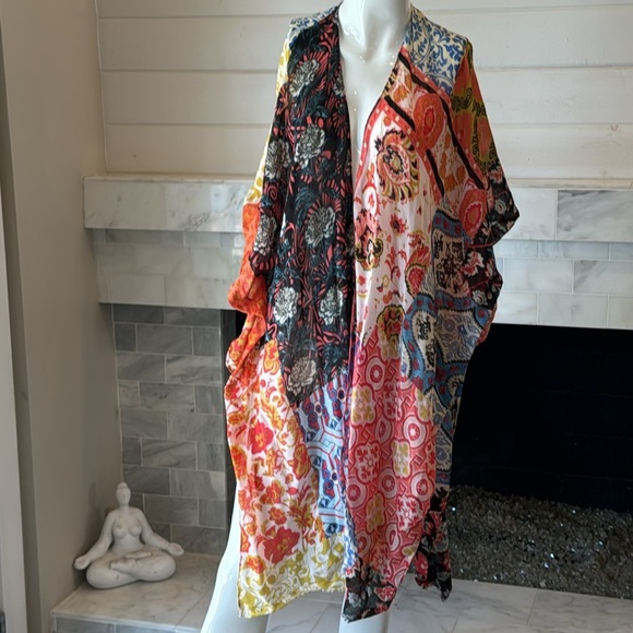 Boho Mixed Multicolored Print Semi Sheer Short Sleeve Open Kimono Jacket OS - Picture 2 of 10